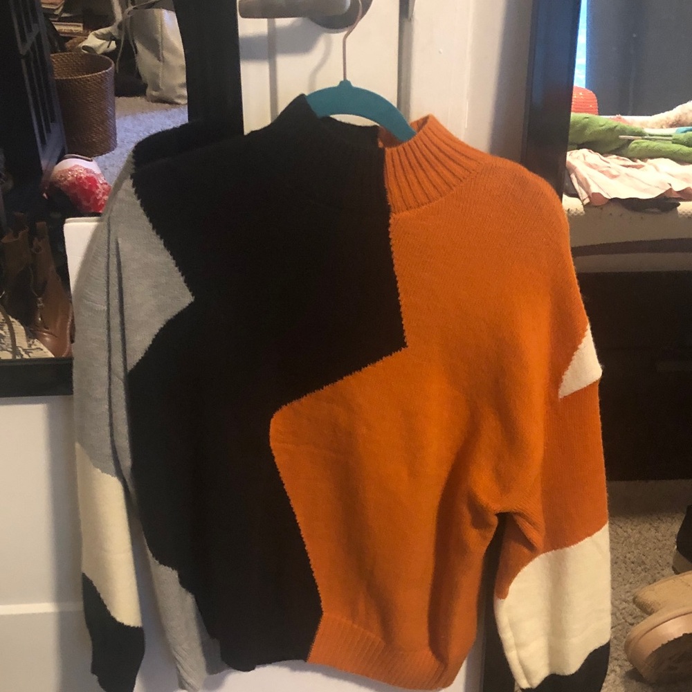 SHEIN Colorblock Turtleneck Sweater - Orange, Black, Gray, White